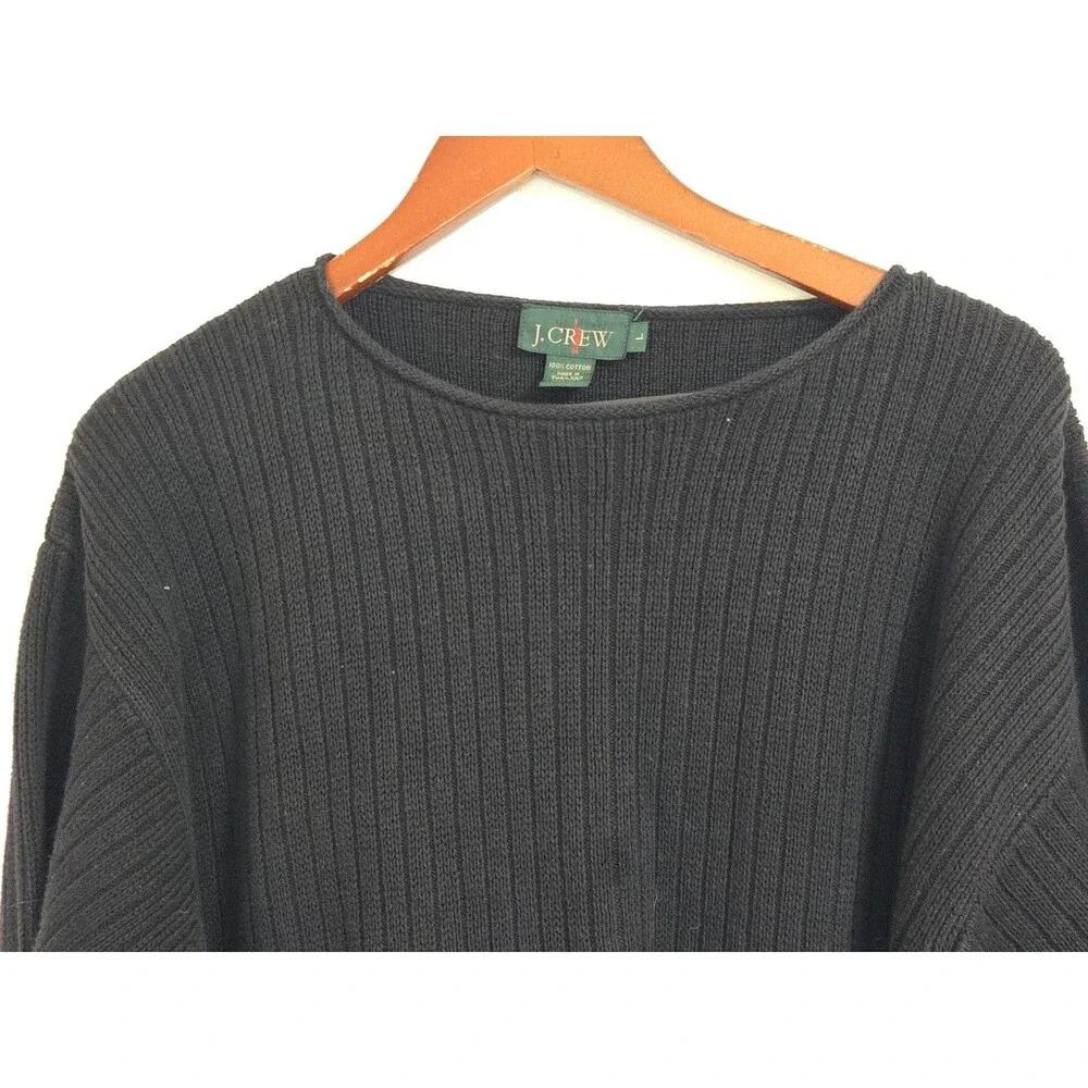 J Crew Sweater Mens L Black Ribbed Knit Cotton Fisherman Oarsman Crewneck